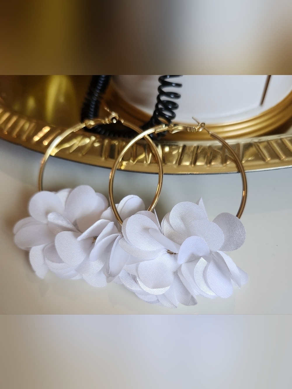Elegant White Floral Hoop Earrings with Gold Hoops